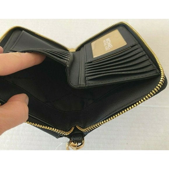 New Michael Kors Jet Set Travel Zip Around Phone Holder Wallet Black with Gold - Picture 2 of 7